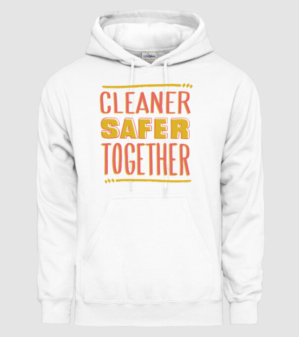 Cleaner Safer Together model alb pe tricou