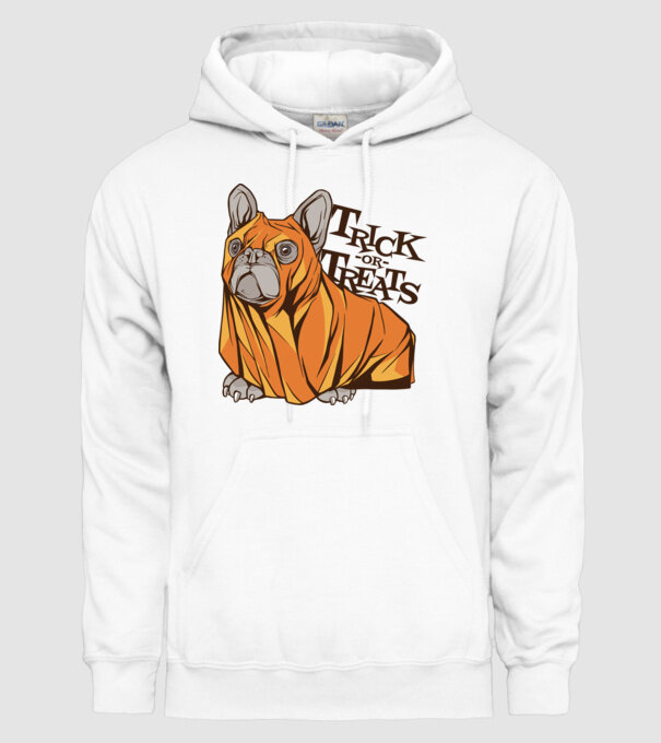 Trick or Treat Mops Halloween model alb pe tricou