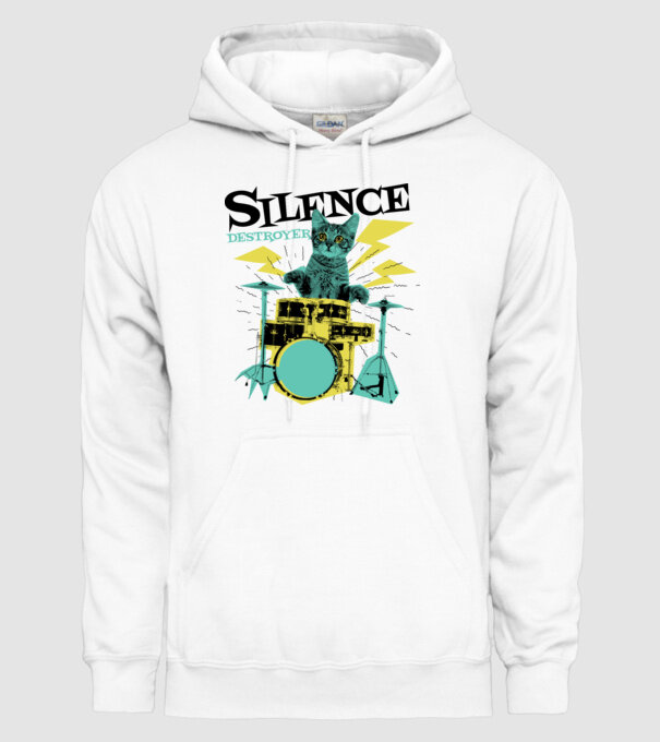 Pisică Baterist - Silence Destroyer model alb pe tricou