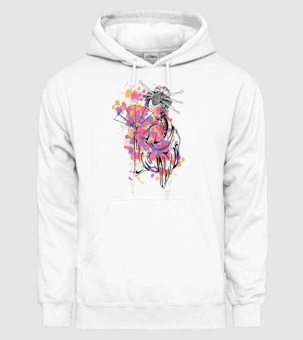 Geisha cu evantai model alb pe tricou