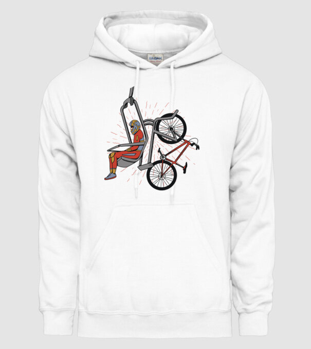 Biciclist montain bike pe teleferic model alb pe tricou