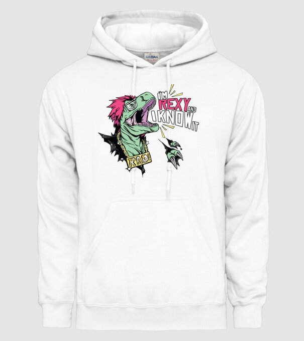 'I''m Rexy and I know it - tricou dinozaur amuzant' model alb pe tricou