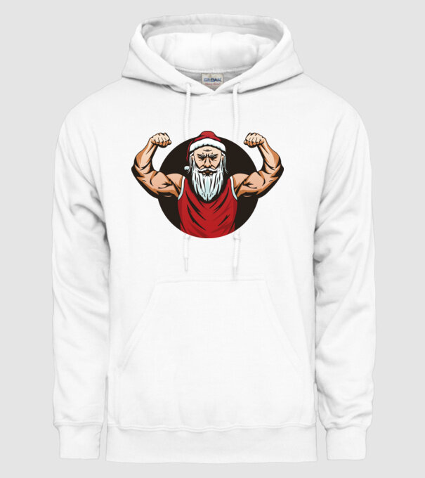 Moș Crăciun musculos model alb pe tricou