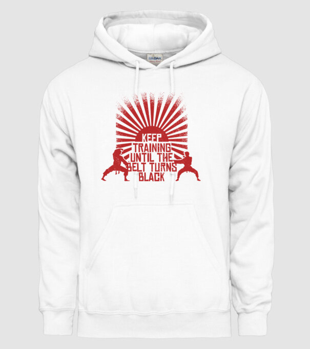 Keep Training until the Belt turns black model alb pe tricou