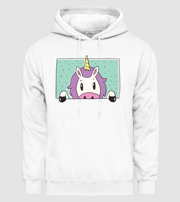 Unicorn curios model alb pe tricou