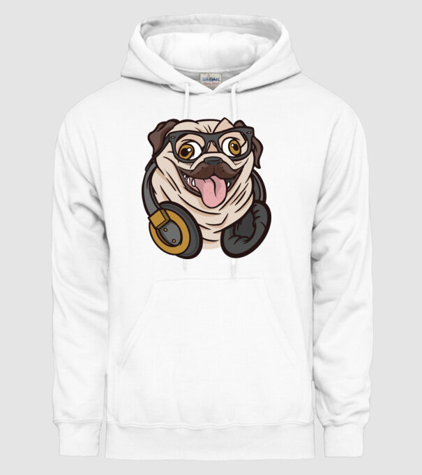 Mops cu căști model alb pe tricou
