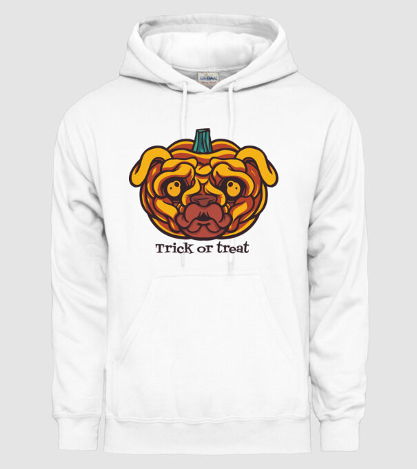 Mops cap de dovleac Halloween model alb pe tricou