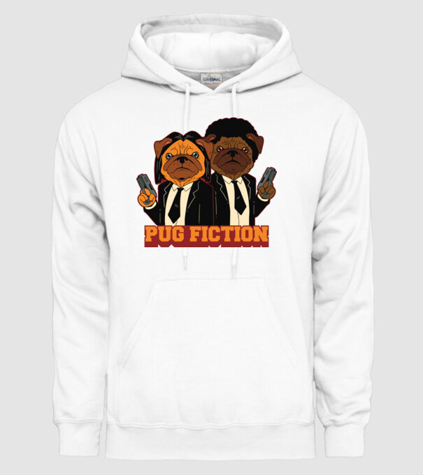 Pug Fiction Pugs Mops Pulp Fiction parodie model alb pe tricou