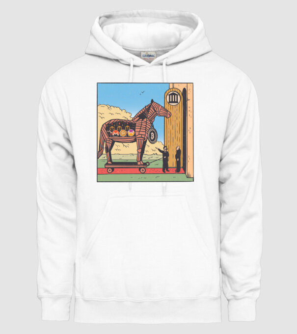 Cal troian Bitcoin model alb pe tricou