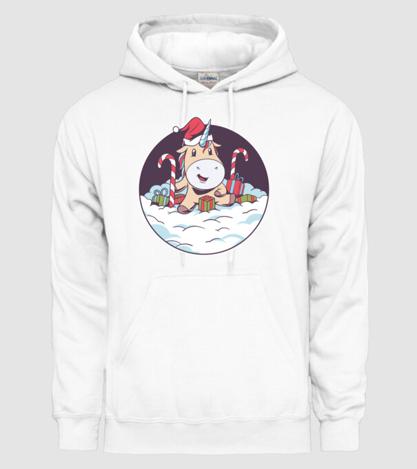 Unicorn Moș Crăciun cu cadouri model alb pe tricou