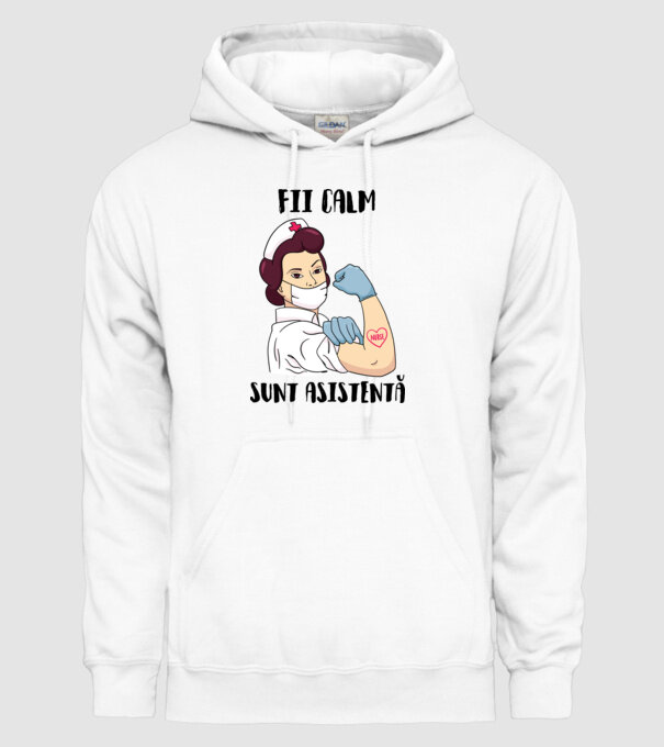 Fii calm, sunt asistentă model alb pe tricou