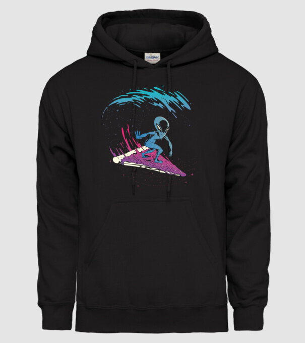 Alien Pizza Surf tricou amuzant model negru pe tricou