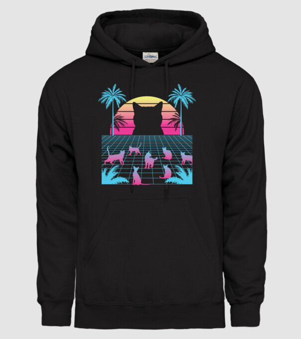 Pisică Vaporwave neon model negru pe tricou