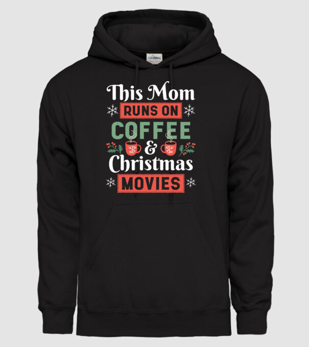 Această mamă funcționează cu cafea și filme de crăciun model negru pe tricou