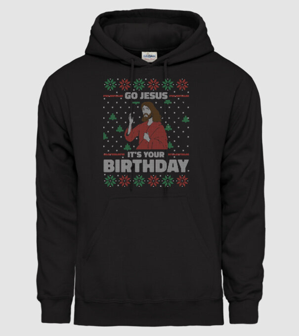 'Go Jesus, It''s Your Birthday Ugly Sweater' model negru pe tricou