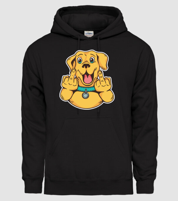 Golden Retriever arată degetul model negru pe tricou