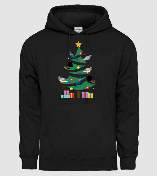 Pom de Crăciun cu păsări model negru pe tricou