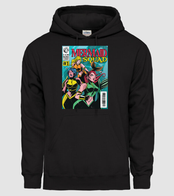 benzi desenate Mermaid Squad model negru pe tricou