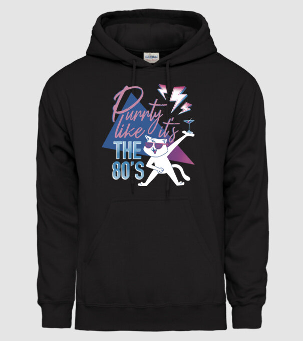 'Purrty Like it''s the 80''s' model negru pe tricou
