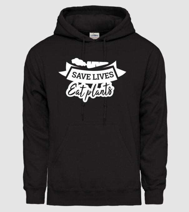 Save lives eat plants model negru pe tricou