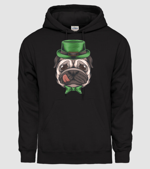 Mops Sfântul Patrick model negru pe tricou