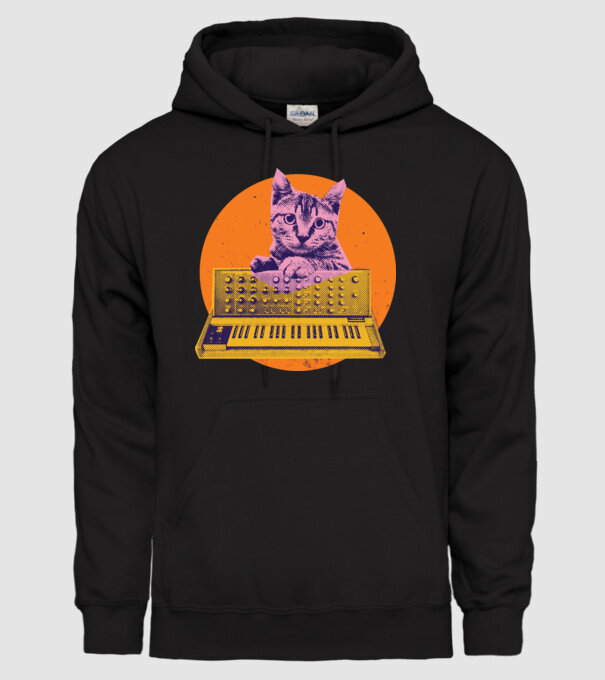 Pisică cu sintetizator model negru pe tricou