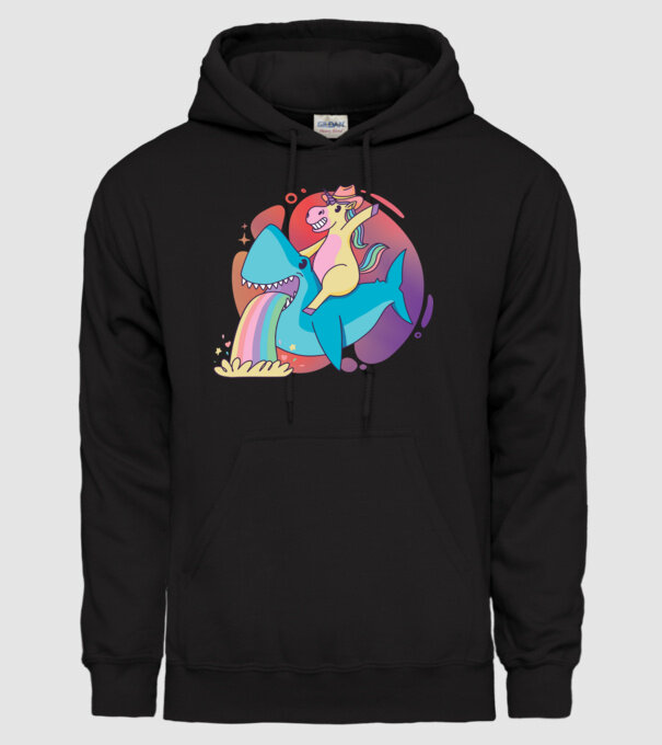 Unicorn pe rechin model negru pe tricou