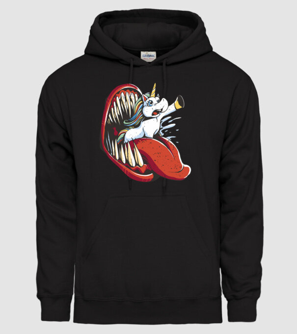 În gura monstrului Unicorn model negru pe tricou