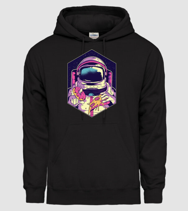Astronaut Gogoașă și Pizza model negru pe tricou