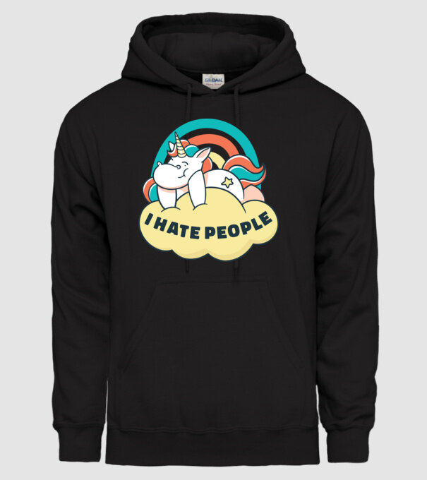 Urăsc oamenii Unicorn model negru pe tricou