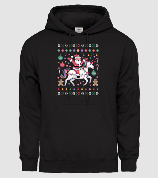 Moș Crăciun pe un pulover urât unicorn model negru pe tricou