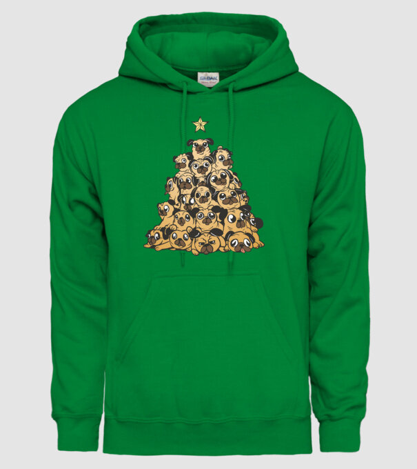 pom de Crăciun cu cățel (mops) model verde pe tricou