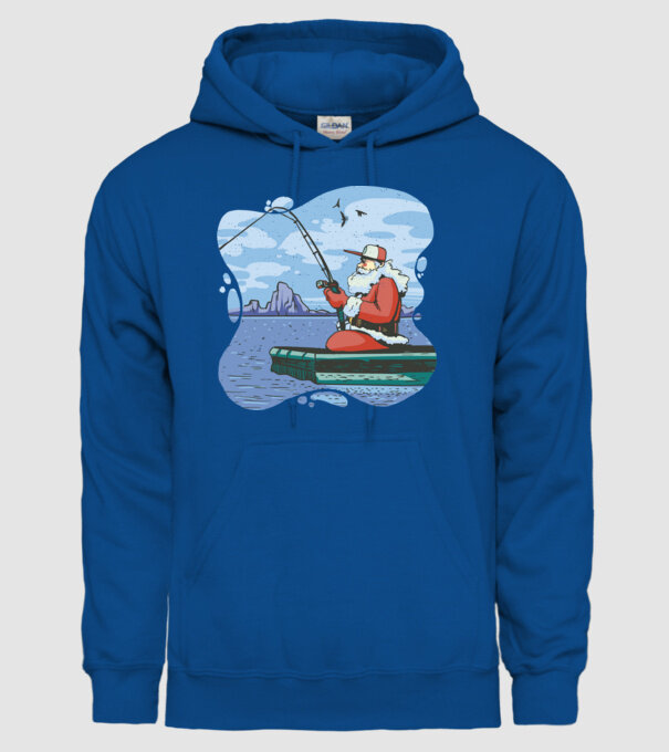 Moș Crăciun la pescuit model albastru regal pe tricou