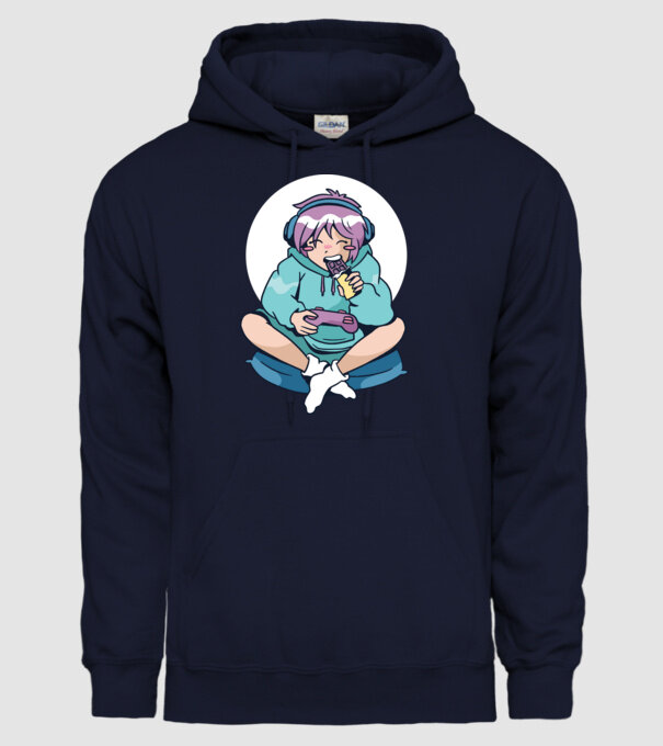 Anime Gamer Fată cu ciocolată model albastru închis pe tricou
