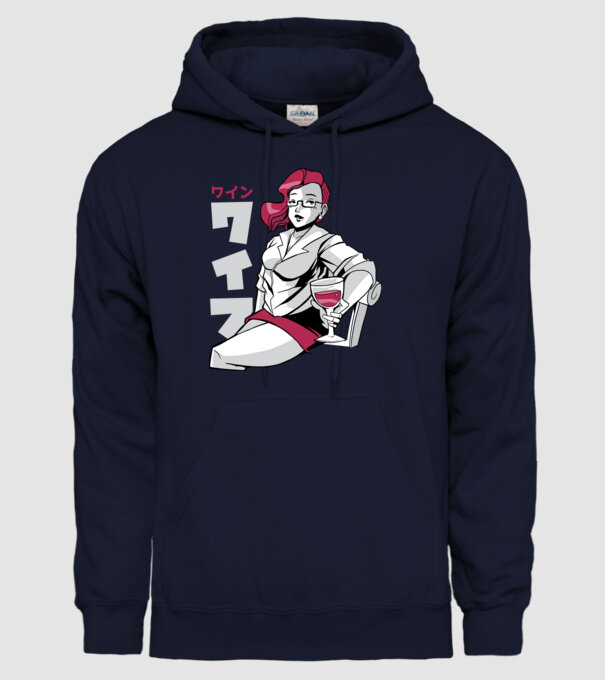Anime fată cu vin model albastru închis pe tricou