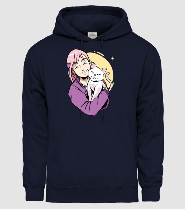 Anime fată cu pisică model albastru închis pe tricou