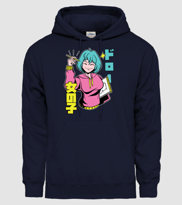 Anime fată desenând model albastru închis pe tricou