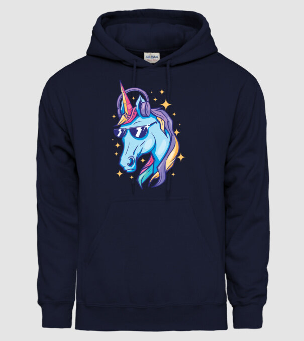 Unicorn strălucitor cu căști model albastru închis pe tricou
