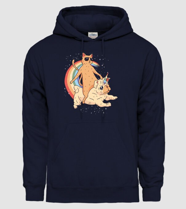 Pisică și Mops unicorn model albastru închis pe tricou