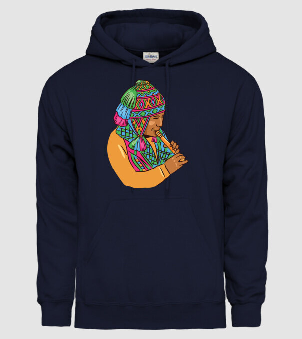 Muzician peruan indigen model albastru închis pe tricou