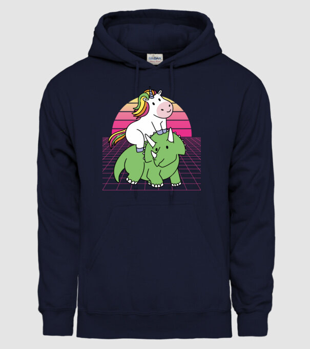 Unicorn pe dinozaur retro model albastru închis pe tricou