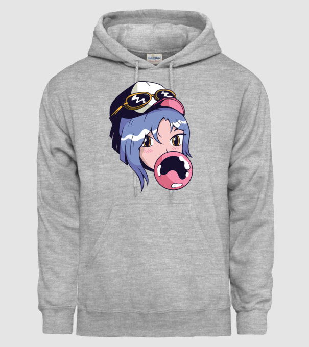 fată Anime cu gumă de mestecat model gri pe tricou