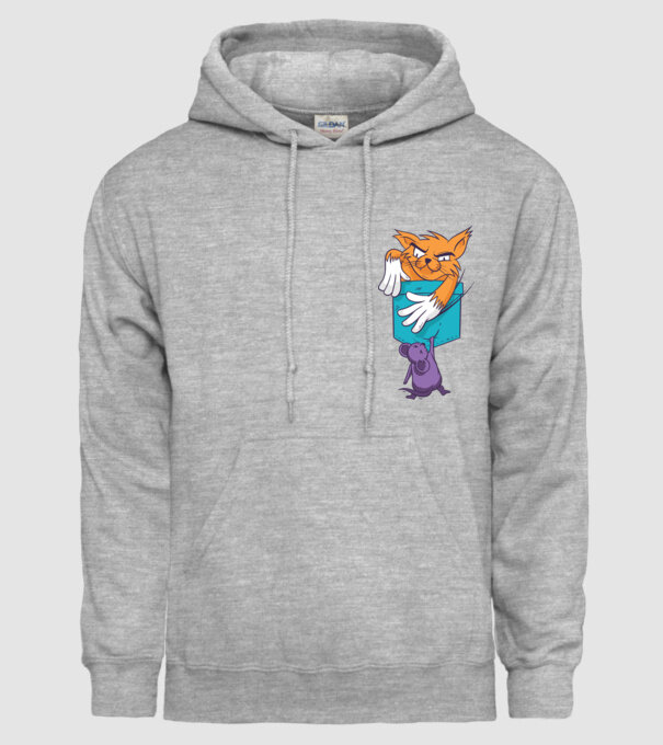 Pisică cu șoarece buzunar model gri pe tricou