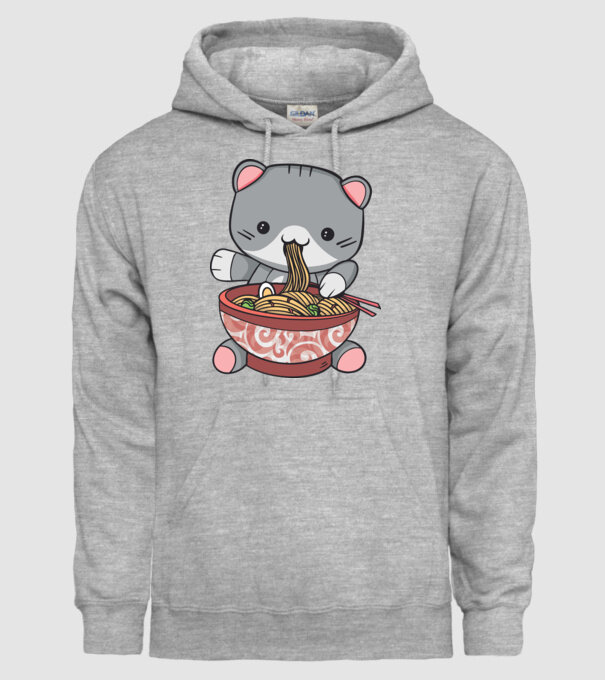 Pisică Kawaii Ramen model gri pe tricou