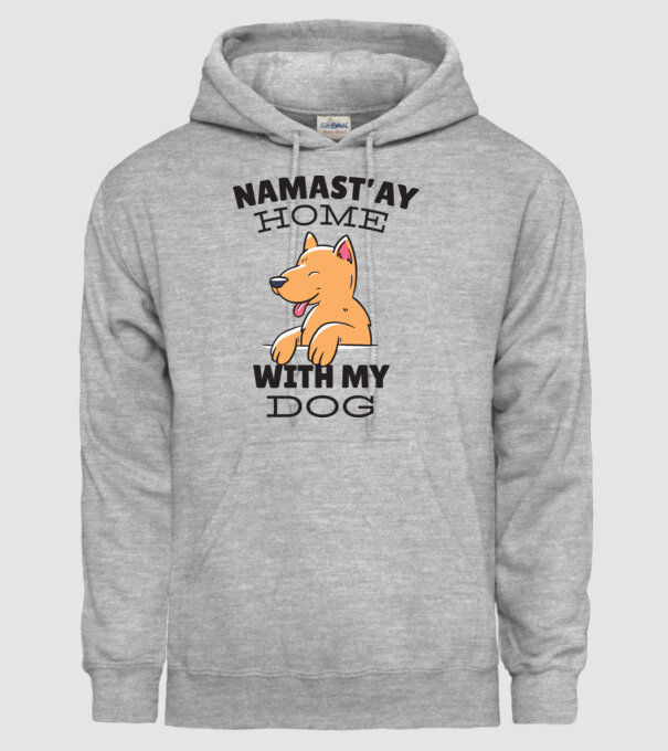 'Namast''ay Home with my Dog -Yoga Carantină' model gri pe tricou
