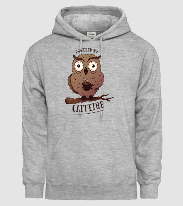 Powered by Caffeine - Tricou cu bufniță și energie de cafeină model gri pe tricou