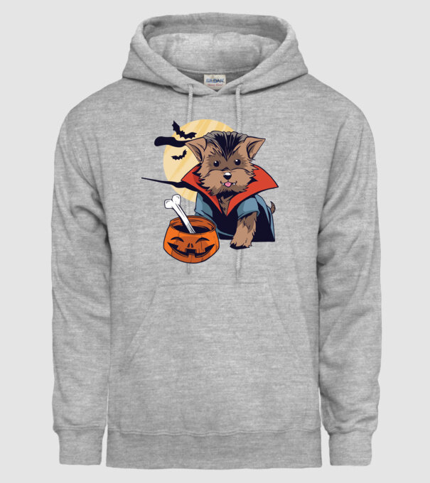 Vampir Yorkie Halloween model gri pe tricou