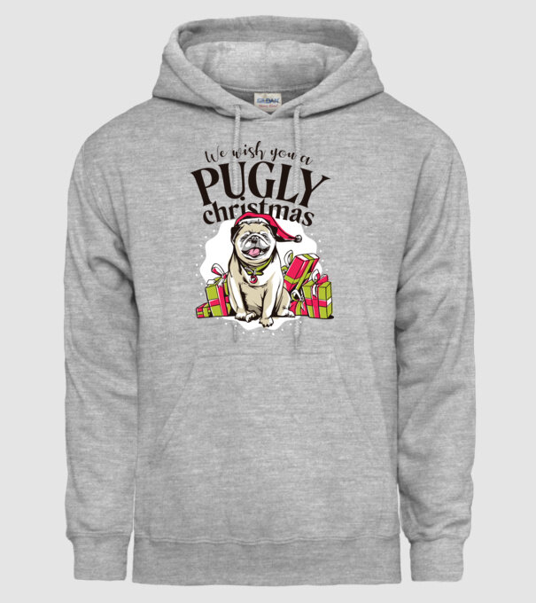 We wish You a Pugly Christmas tricou cu mops model gri pe tricou