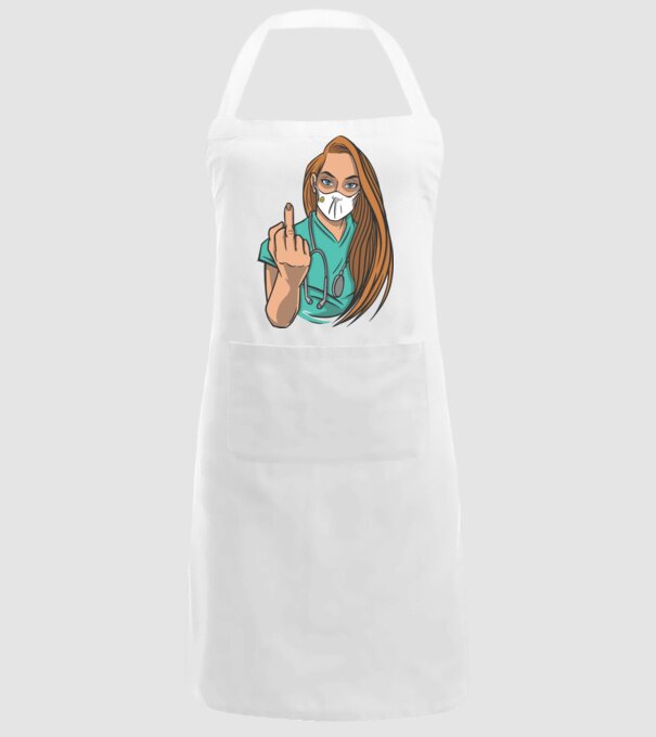 Asistentă medicală arată degetul model alb pe tricou