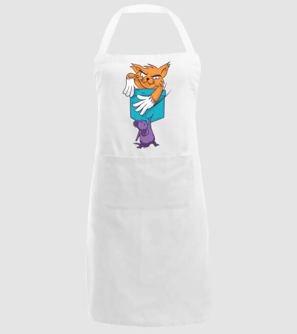 Pisică cu șoarece buzunar model alb pe tricou